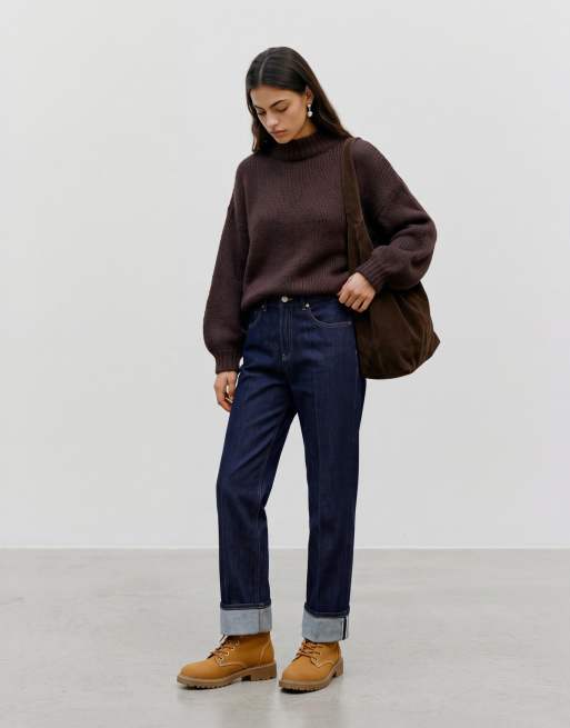 Vero Moda oversized højhalset fluffy striktrøje i chokoladebrun, 3 af 5