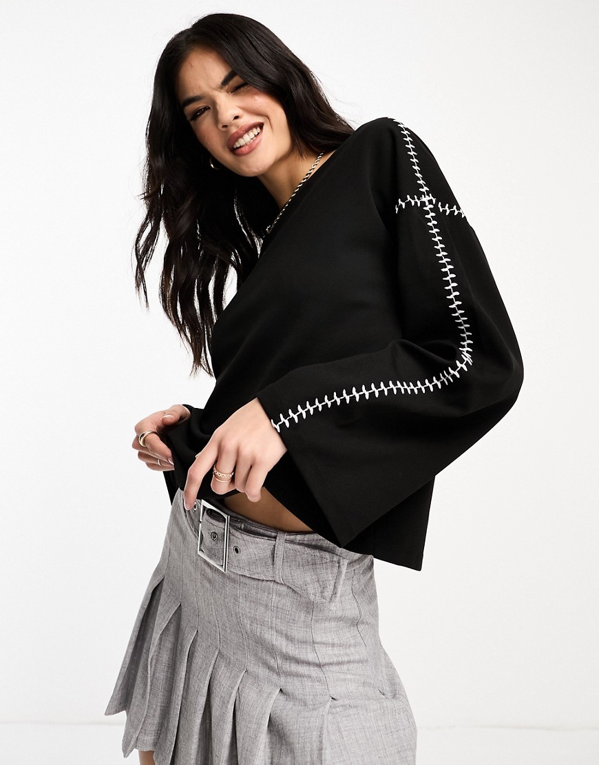 Vero Moda oversized jumper with contrast stitch detail in mono-Black