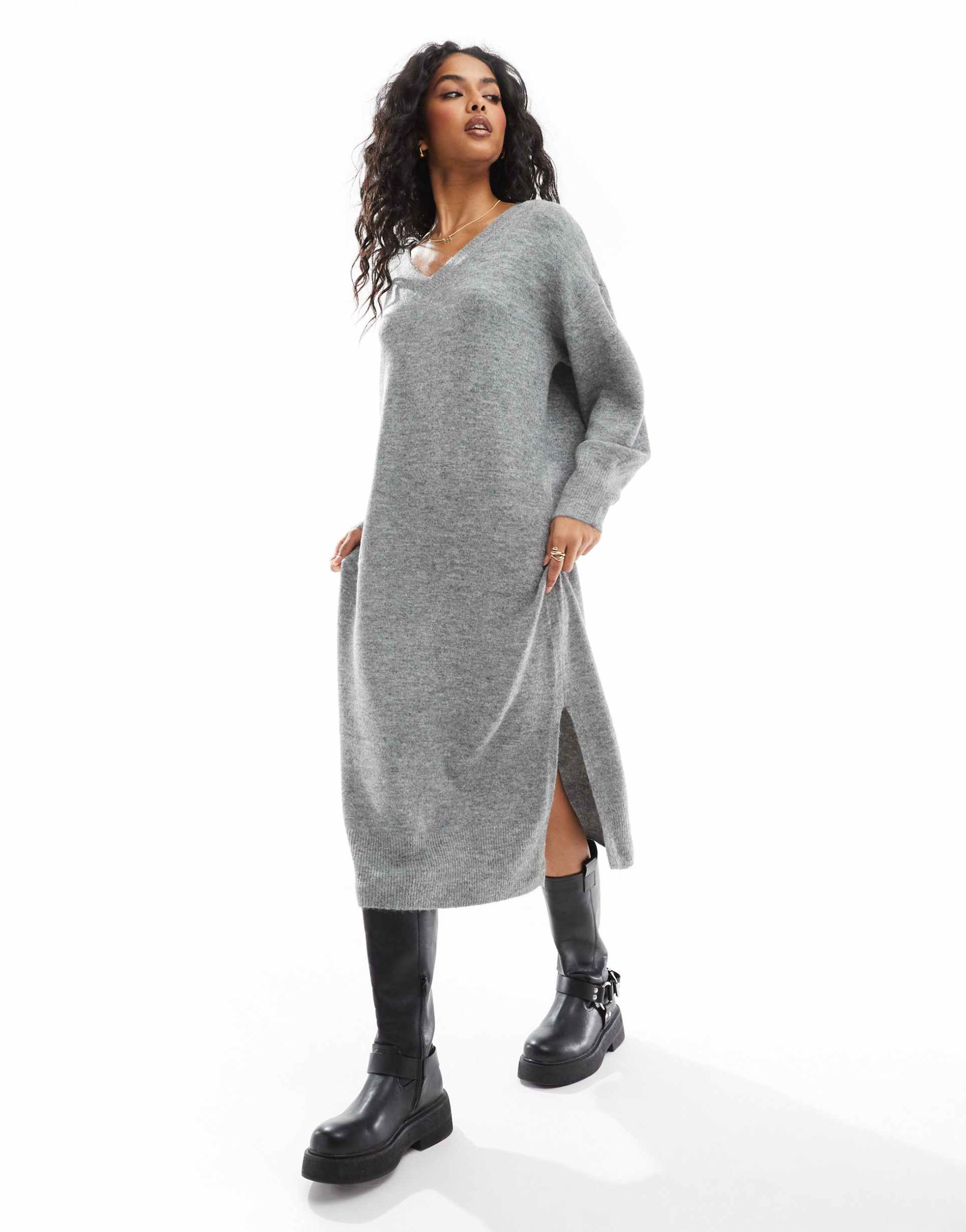 vero moda oversized knitted v neck midi dress in medium gray melange