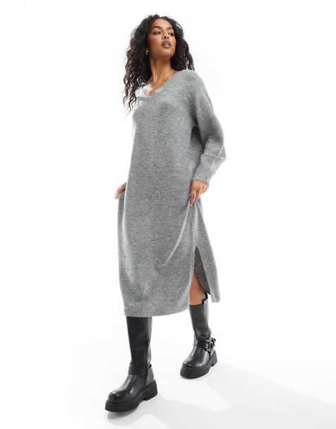 Vero Moda oversized knitted v neck midi dress in medium grey melange - view 1