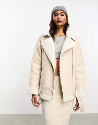 Vero Moda Oversized Leather Look Aviator Jacket In Cream-white