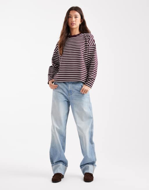 Vero Moda oversized long sleeve t-shirt in burgundy and white stripe, 2 of 4