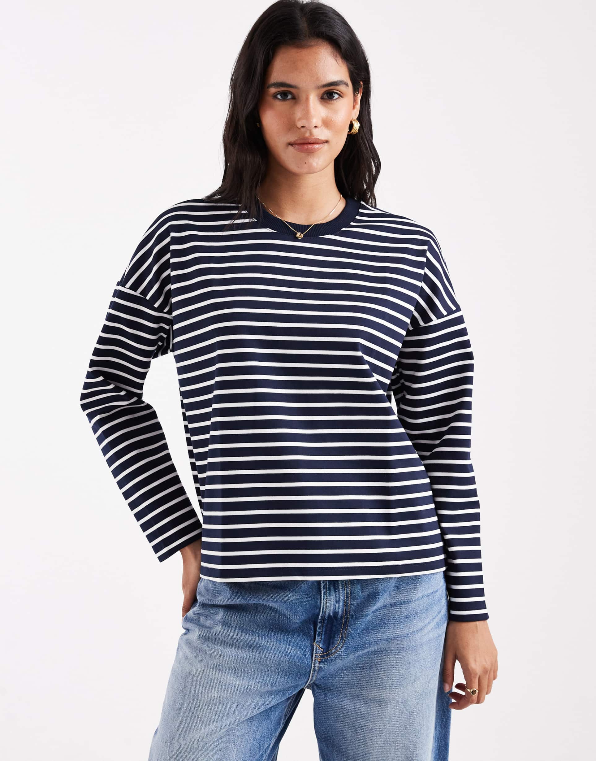 vero moda oversized long sleeve t-shirt in navy and white stripe