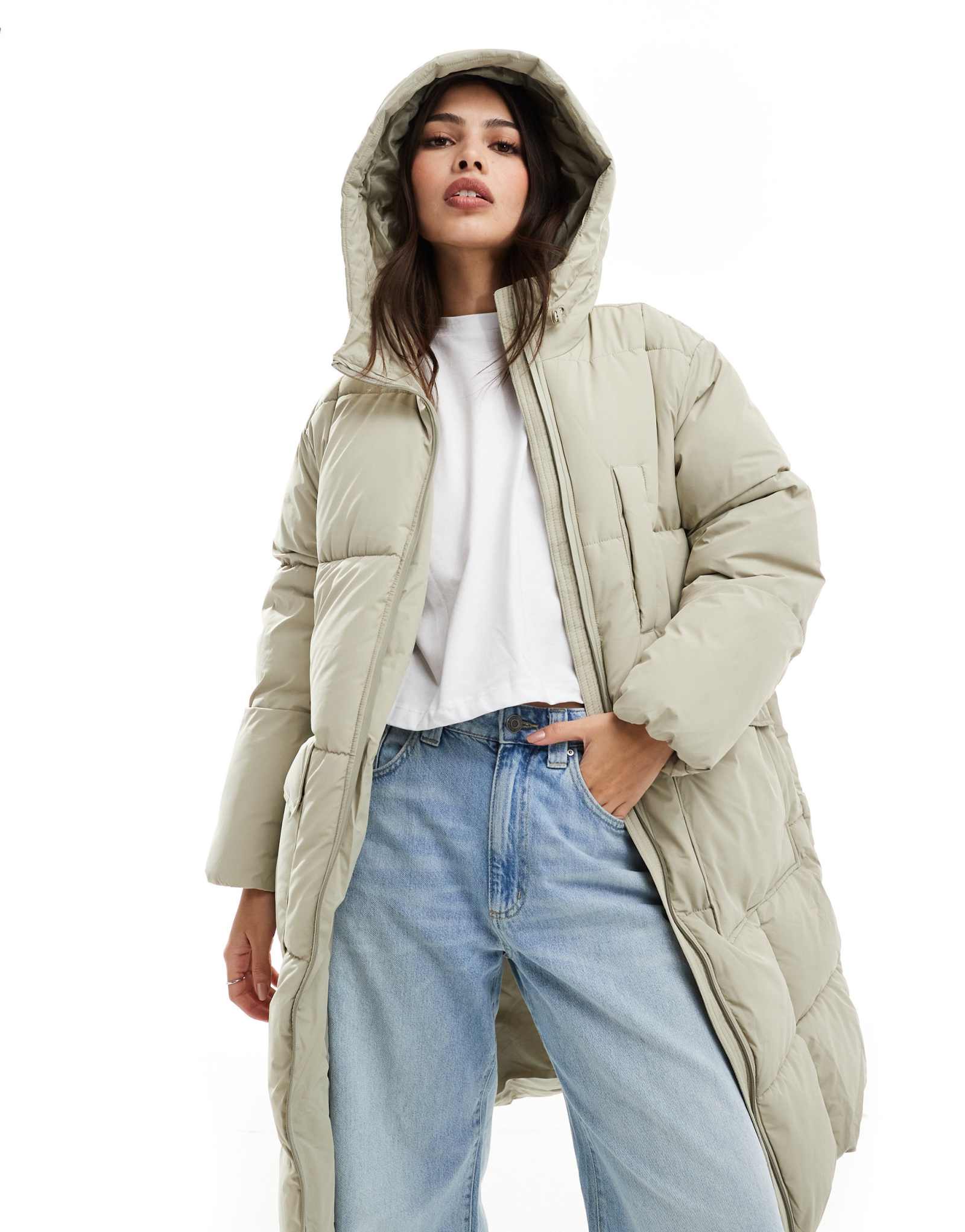 Удлиненное стеганое пальто оверсайз Vero Moda на подкладке из камня