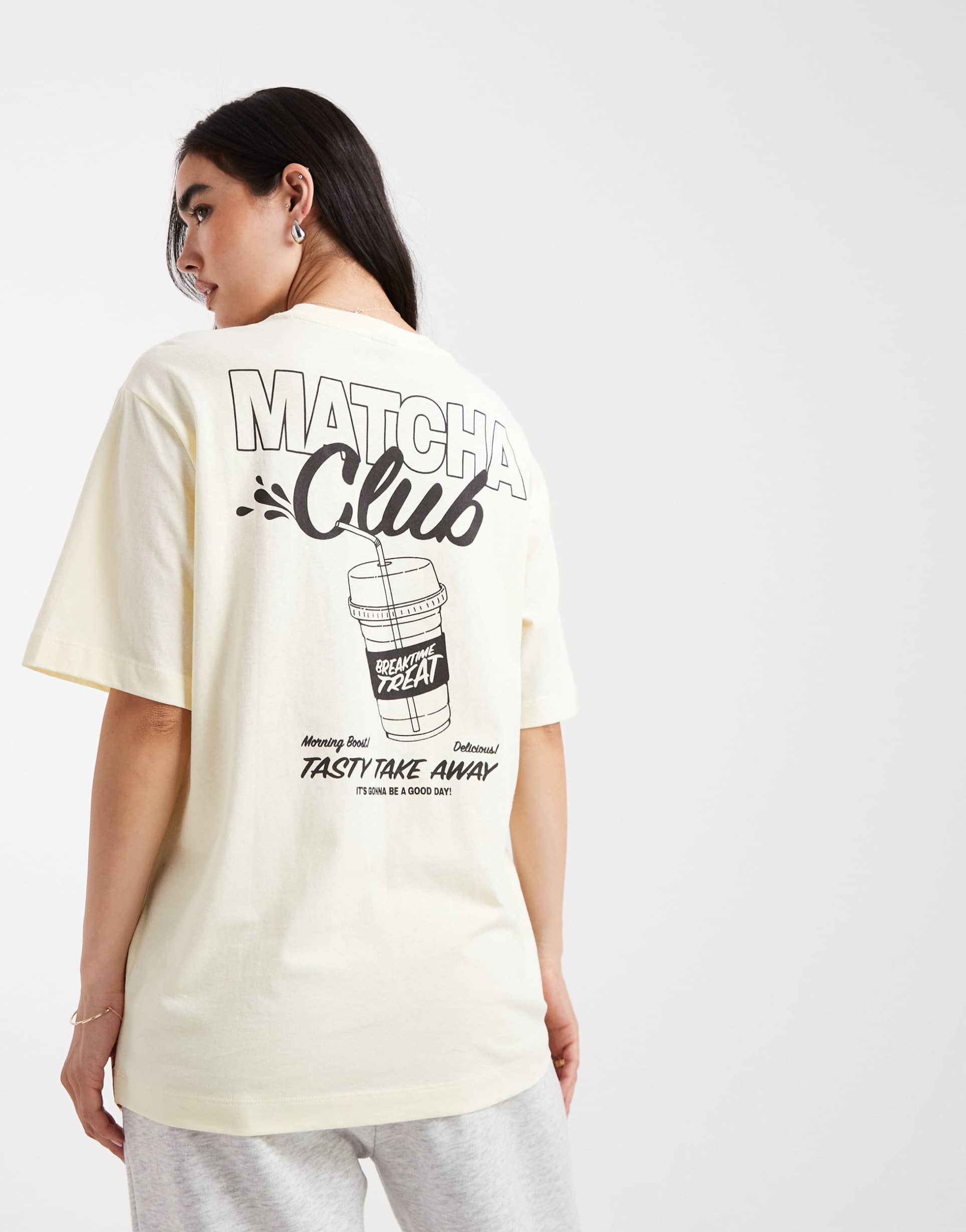 vero moda oversized matcha club print t-shirt in pale yellow