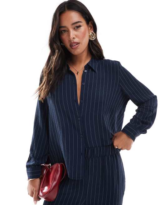 Vero Moda - Oversized overhemd in marineblauw met krijtstreep, deel van co-ord set