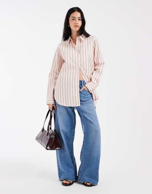 Vero Moda - Oversized Oxford overhemd van katoen met dubbele strepenprint in lichtroze, 2 van 4