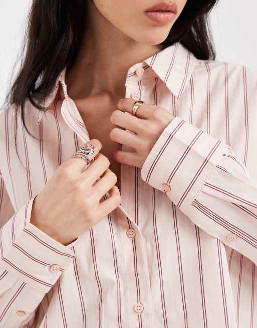 Vero Moda - Oversized Oxford overhemd van katoen met dubbele strepenprint in lichtroze, 3 van 4