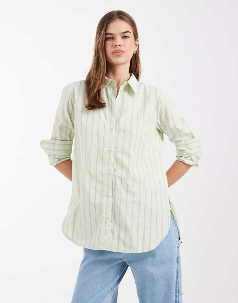 Vero Moda - Oversized Oxford overhemd van katoen met dubbele strepenprint in mistgroen - view 1