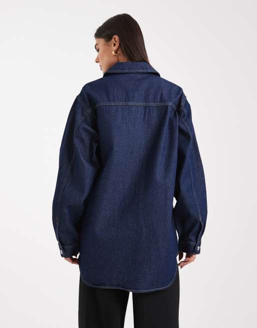 Vero Moda oversized pocket detail denim shirt in dark rinse wash, 2 of 4