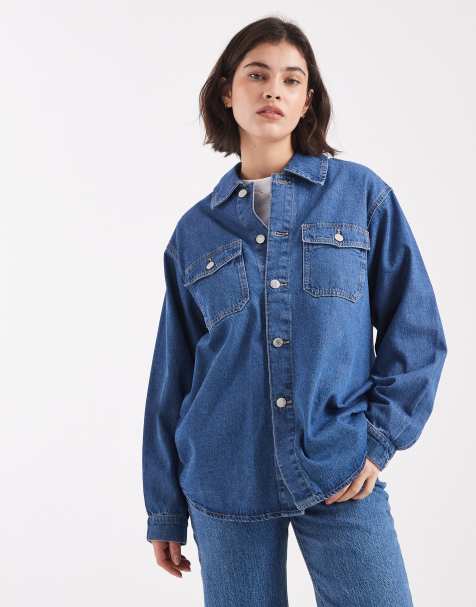 Vero Moda oversized pocket detail denim shirt in medium blue wash - view 1