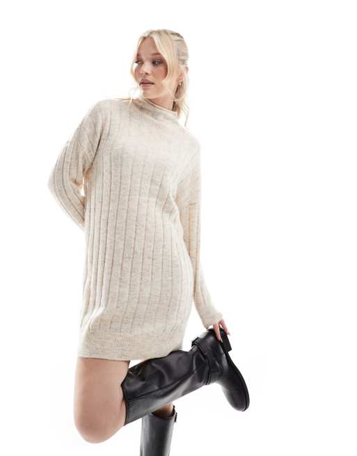 Vero Moda oversized ribbed knit mini dress in cream melange