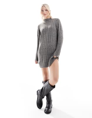 vero moda oversized ribbed knit mini dress in dark gray melange