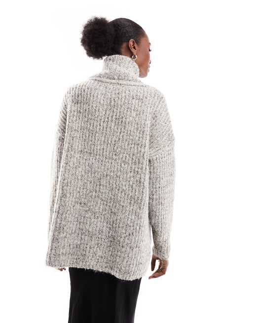 Vero Moda oversized roll neck longline jumper in grey melange ASOS
