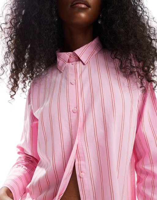 Vero Moda oversized shirt co-ord in pink stripe, 3 of 4