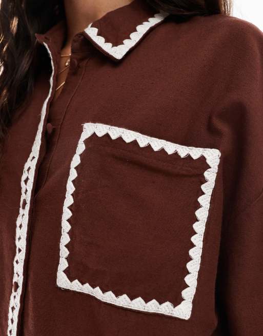Vero Moda oversized shirt co-ord with contrast stitching in chocolate, 2 of 4