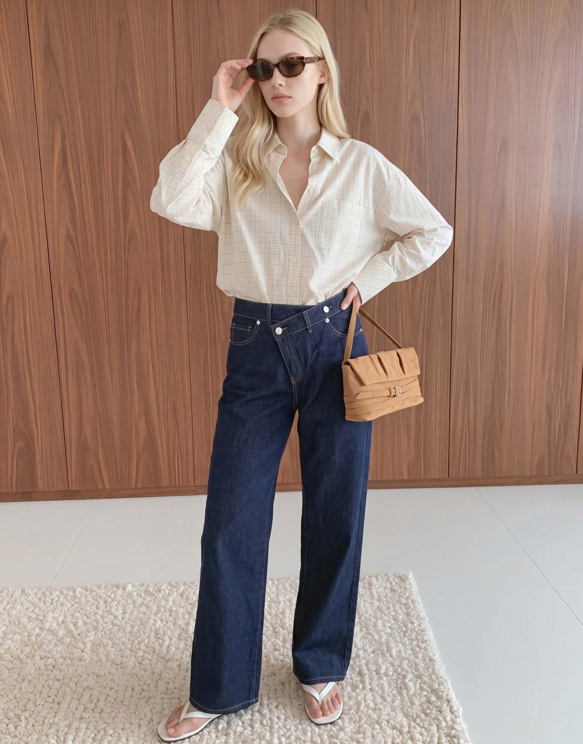 vero moda oversized shirt in cream and chocolate mini plaid print