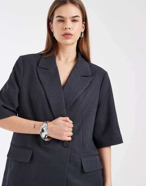 Vero Moda oversized short sleeve blazer co-ord in dark grey melange - view 1