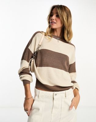 Vero Moda oversized stripe jumper in brown and cream