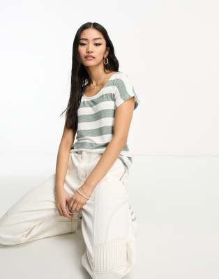 Vero Moda Oversized Stripe T-shirt In White And Khaki-green In Green