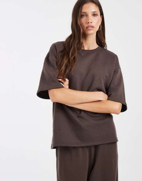 Vero Moda oversized sweat T-shirt co-ord in chocoladebruin - view 1