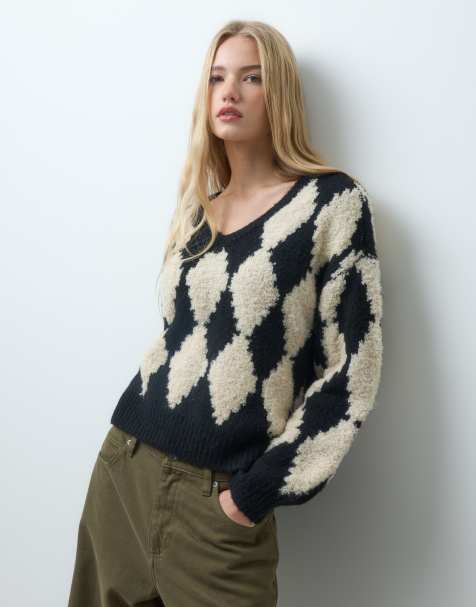 Vero Moda oversized textured v neck jumper black and white check - view 1
