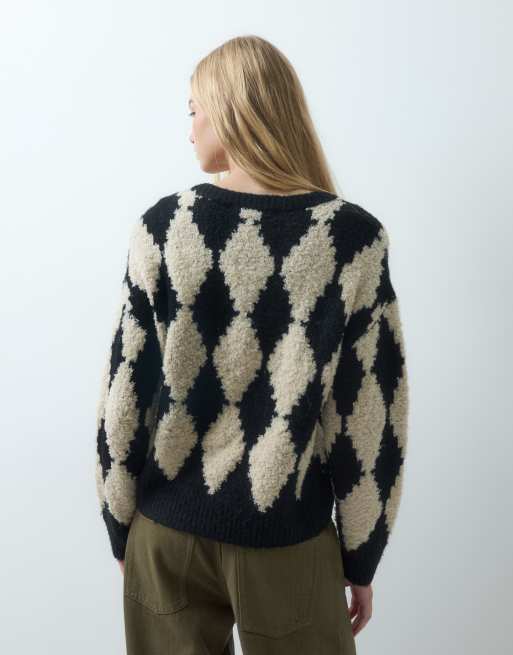 Vero Moda oversized textured v neck jumper black and white check, 4 of 4