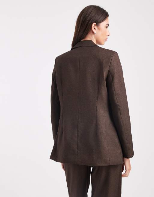 Vero Moda oversized tweed look tailored blazer co-ord in chocolate, 3 of 4