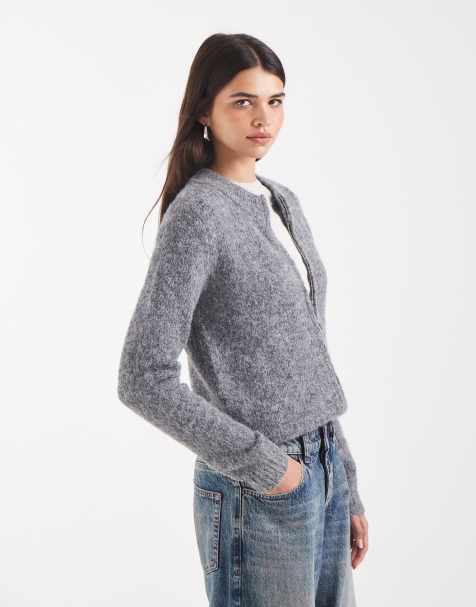 Vero Moda oversized zip front soft knit jumper in medium grey melange - view 1