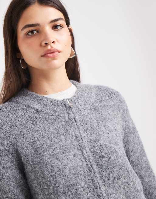 Vero Moda oversized zip front soft knit jumper in medium grey melange, 4 of 4