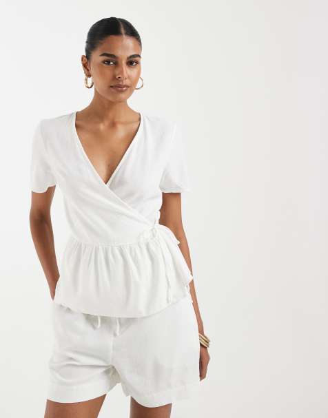 Vero Moda - Overslagtop van linnenmix met korte mouwen in wit, deel van co-ord set - view 1