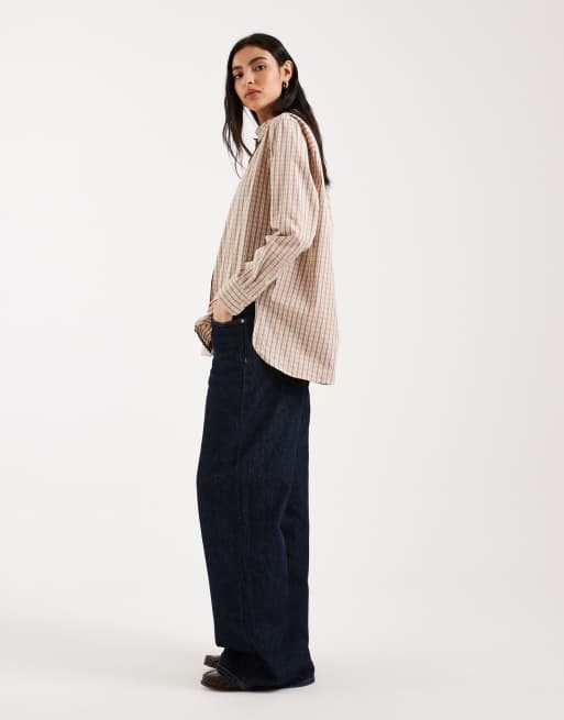 Vero Moda – Oxford-Hemdbluse aus Baumwolle mit Oversize-Schnitt und kleinem Karomuster in neutralen Farben, 3 von 4