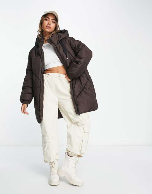 Vero Moda padded longline coat with hood in brown