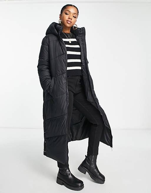 Vero Moda padded maxi coat with hood in black | ASOS