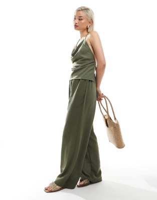 Pantalon ample à taille haute en tissu aspect lin d'ensemble - Vert herbe XS