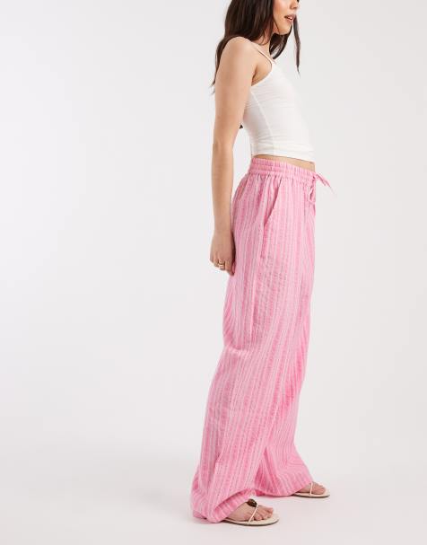 Vero Moda - Pantalon ample en crépon de coton à rayures et taille nouée - Rose - view 1