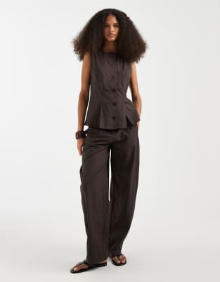 Pantalon ample habillé d'ensemble aspect lin - Chocolat-Marron XXS