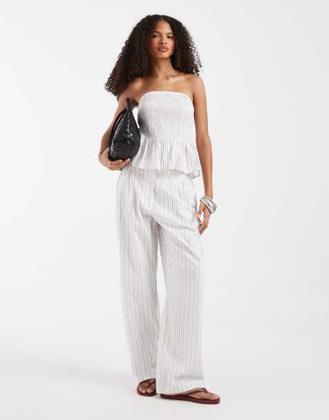 Vero Moda - Pantalon d'ensemble ample à enfiler en popeline avec rayures - Blanc et noir - view 1