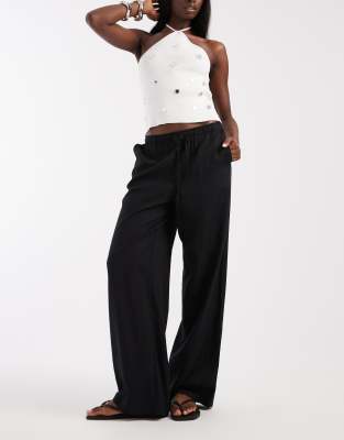 Pantalon large aspect lin avec cordon de serrage à la taille - Noir XXS
