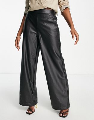 Vero Moda leather look wide leg trousers in black - ASOS Price Checker