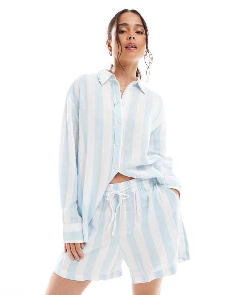 Vero Moda - Pantaloncini blu pallido a righe in misto lino in coordinato - view 1