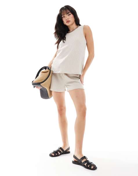 Vero Moda - Pantaloncini in jersey a coste color pietra in coordinato - view 1