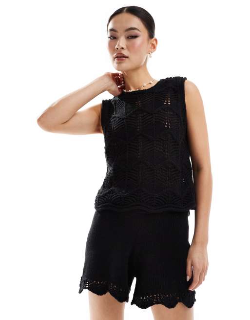 Vero Moda - Pantaloncini neri in maglia all'uncinetto in coordinato 
