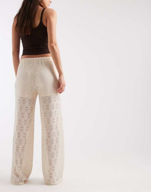 Vero Moda - Pantalones color crema elásticos de pernera ancha de encaje, 3 de 5
