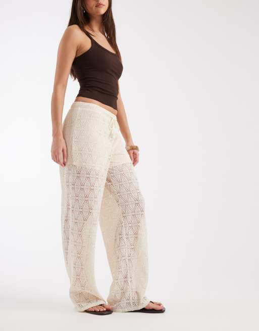 Vero Moda - Pantalones color crema elásticos de pernera ancha de encaje, 5 de 5