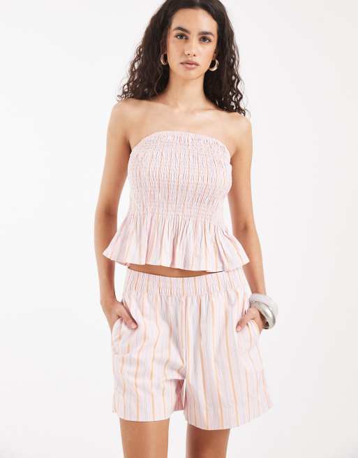Vero Moda - Pantalones cortos a rayas rosas y naranjas sin cierres de popelina (parte de un conjunto), 3 de 5