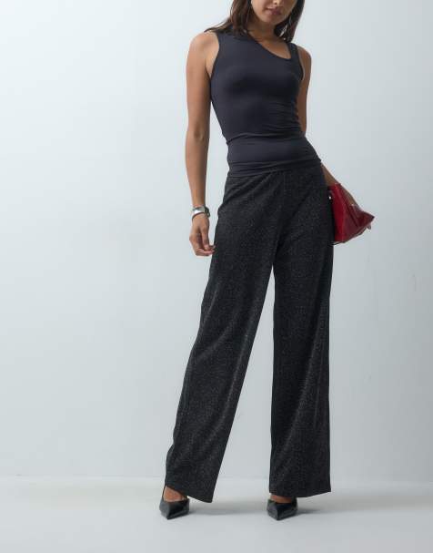 Vero Moda pantalones de talle medio de pernera ancha con brillo en negro - view 1