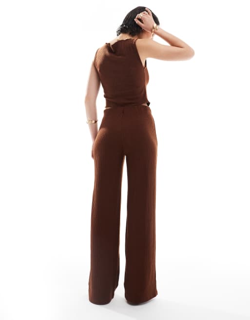 Vero Moda - Pantaloni a fondo ampio color cioccolato a coste in coordinato, 4 di 5