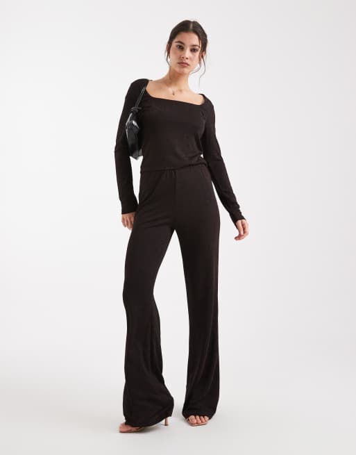 Vero Moda - Pantaloni a fondo ampio color cioccolato e rame glitterato in coordinato