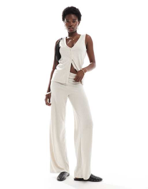 Vero Moda - Pantaloni a fondo ampio color crema a coste in coordinato